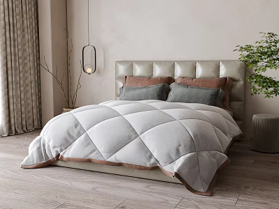 Modern Bedroom With Tufted Headboard Gray Brown Pillows White Comforter Wooden Floor Curtains Pendant Light 3d model