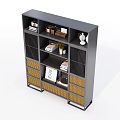 Modern Grey Bookcase With Multiple Open Shelves Woven Storage Baskets And Decorative Items 3d model