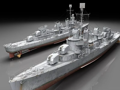Vintage Warship Models Displayed On Gray Surface With Detailed Structure And Antennas 3d model