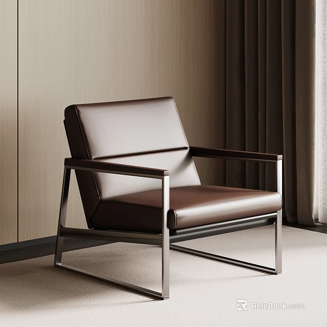 Brown Leather Accent Chair with Metal Frame Against Beige Wall and Dark Curtains 3d model 