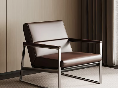 Brown Leather Accent Chair with Metal Frame Against Beige Wall and Dark Curtains 3d model