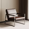 Brown Leather Accent Chair with Metal Frame Against Beige Wall and Dark Curtains