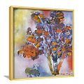 Vibrant Oil Painting With Tree Orange Red Flowers Two Sheep Under Golden Frame