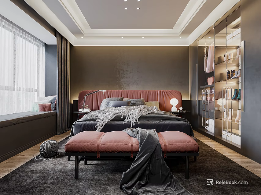 Modern Bedroom Interior With Red Headboard Black Bed Pink Bench And Glass Door Wardrobe 3d model 