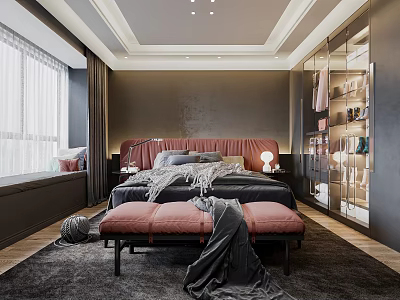Modern Bedroom Interior With Red Headboard Black Bed Pink Bench And Glass Door Wardrobe 3d model