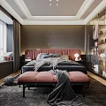 Modern Bedroom Interior With Red Headboard Black Bed Pink Bench And Glass Door Wardrobe