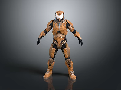 Futuristic Armored Warrior With Orange Brown Armor Standing On Grey Gradient Background 3d model