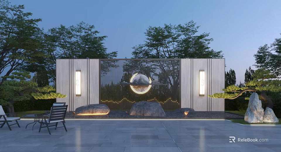 Modern Outdoor Garden Landscape With Gray Wall Circular Glowing Decoration Side Lights And Trees 3d model 