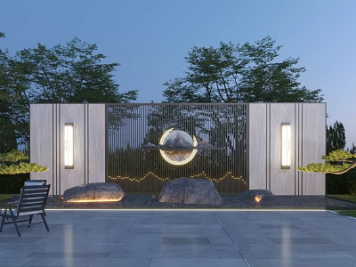 Modern Outdoor Garden Landscape With Gray Wall Circular Glowing Decoration Side Lights And Trees 3d model