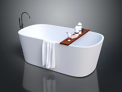 Modern White Bathtub With Wooden Tray Bottles Glass And Hanging White Towel 3d model