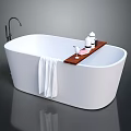 Modern White Bathtub With Wooden Tray Bottles Glass And Hanging White Towel