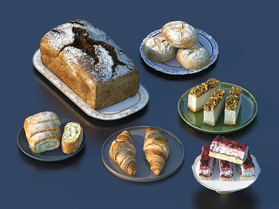 Assorted Fresh Bread Loaves Rolls Croissants Slices And Cakes On Plates 3d model