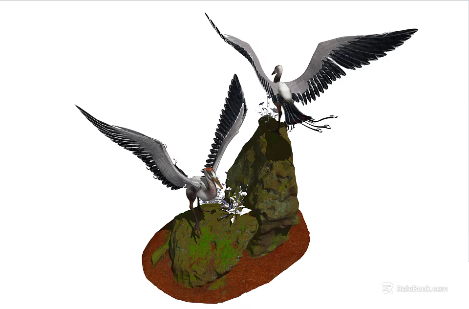 Two Large Birds With Spread Wings Perched On Rocky Cliff Formation 3d model