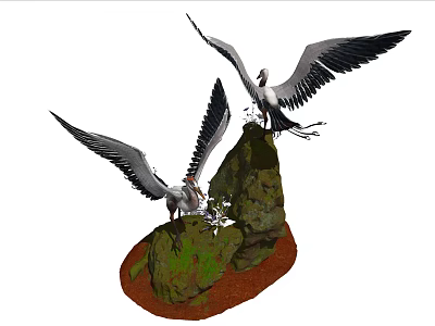 Two Large Birds With Spread Wings Perched On Rocky Cliff Formation 3d model