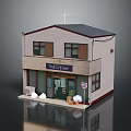 Two Story Small Shop Building With Light Colored Walls Dark Roof And Entrance Bags Buckets
