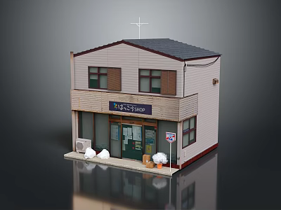 Two Story Small Shop Building With Light Colored Walls Dark Roof And Entrance Bags Buckets 3d model