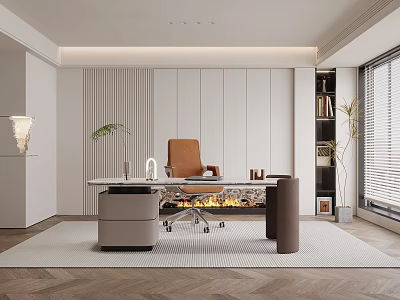 Modern Study Room Interior Design With Wooden Desk Comfortable Chair And Bookshelf 3d model