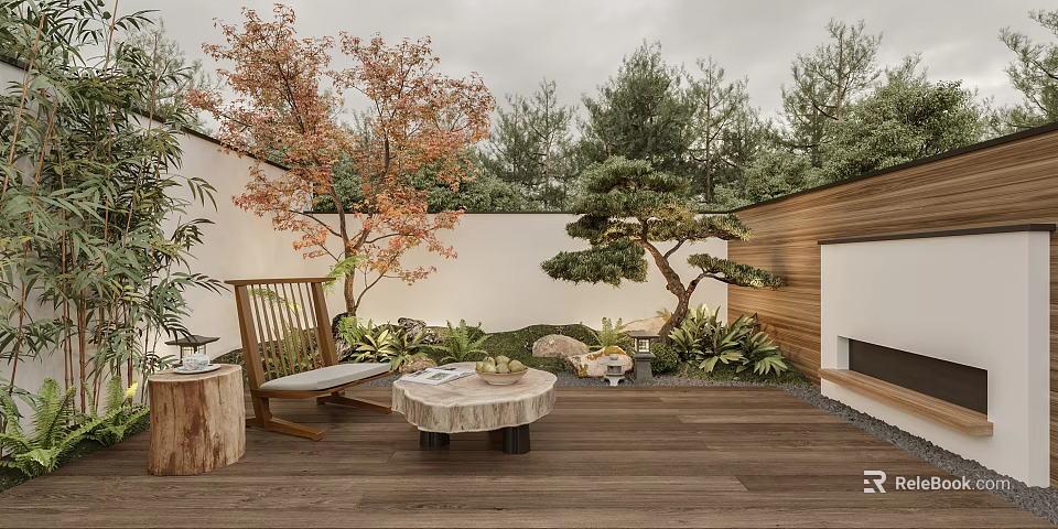 Tranquil Garden Landscape With Wooden Deck Leisure Chair Coffee Table Pine Tree And Stone Features 3d model 