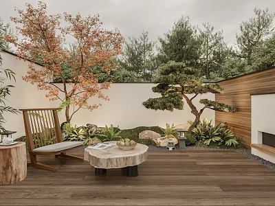 Tranquil Garden Landscape With Wooden Deck Leisure Chair Coffee Table Pine Tree And Stone Features 3d model