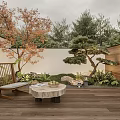 Tranquil Garden Landscape With Wooden Deck Leisure Chair Coffee Table Pine Tree And Stone Features