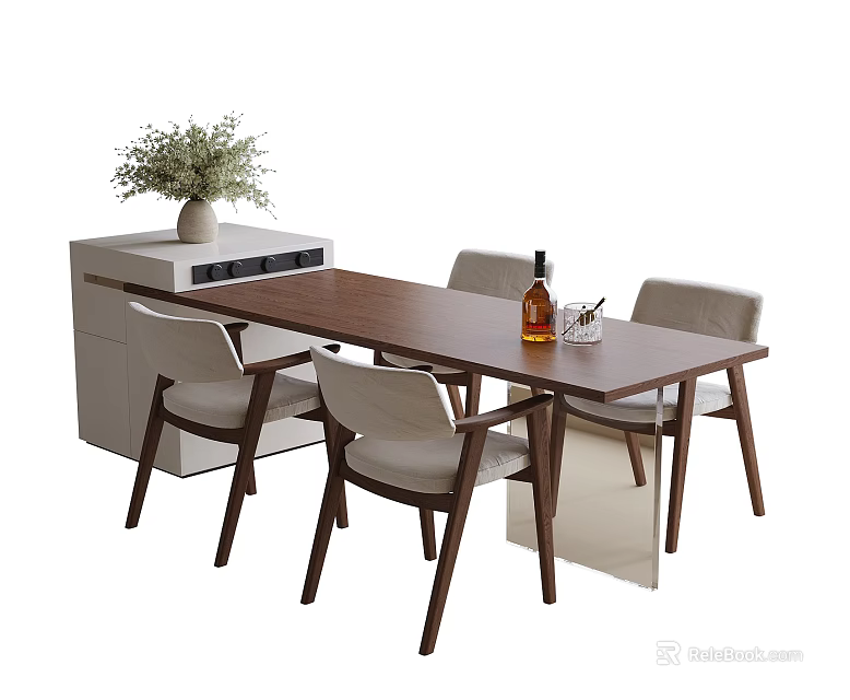Wooden Dining Table and Upholstered Chairs With Side Cabinet Potted Plant Wine Bottle and Glass 3d model 