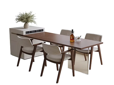 Wooden Dining Table and Upholstered Chairs With Side Cabinet Potted Plant Wine Bottle and Glass 3d model