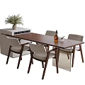 Wooden Dining Table and Upholstered Chairs With Side Cabinet Potted Plant Wine Bottle and Glass