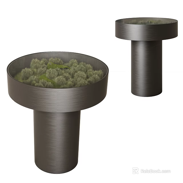 Modern Coffee Table With Round Glass Top And Cylindrical Metal Base Featuring Green Plants 3d model 