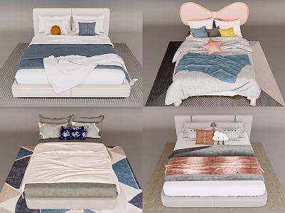 Modern Double Bed Designs with Colorful Bedding and Decorative Pillows 3d model