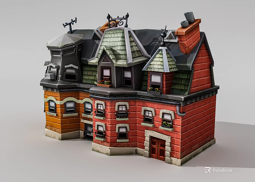 Cartoon Style House With Red Brick Orange Accents Green Roof Multiple Windows And Wooden Door 3d model 