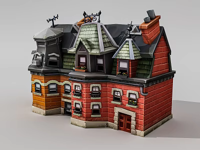 Cartoon Style House With Red Brick Orange Accents Green Roof Multiple Windows And Wooden Door 3d model
