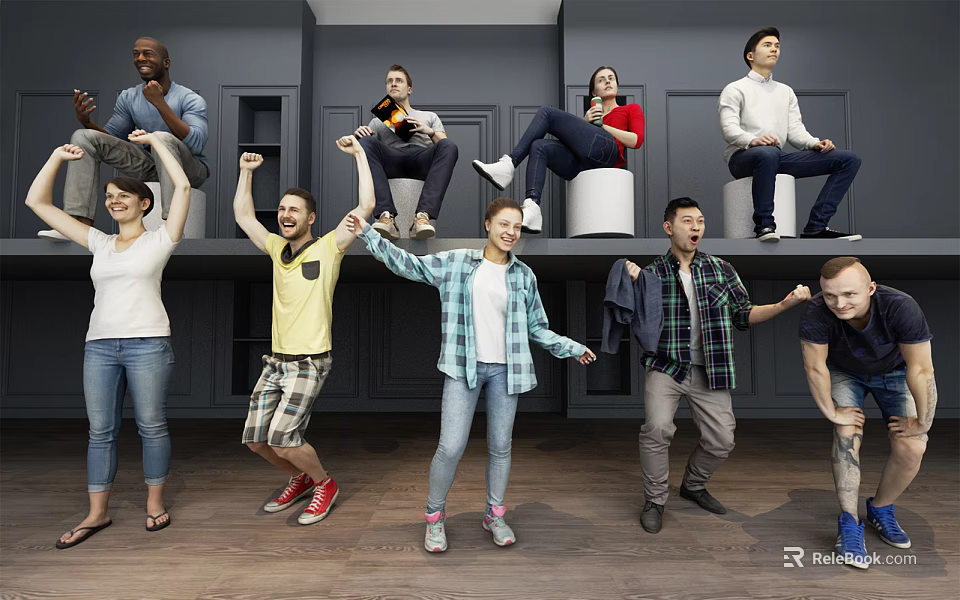 Group of people celebrating cheerful interaction indoor standing and sitting on high platforms 3d model 