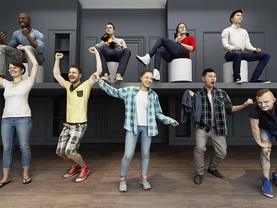 Group of people celebrating cheerful interaction indoor standing and sitting on high platforms 3d model