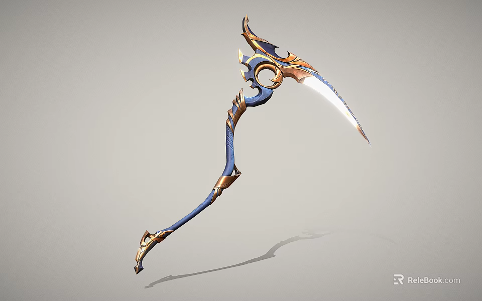 Fantasy Scythe Weapon with Blue Curved Handle and Gold Ornate Sharp Blade Design 3d model 