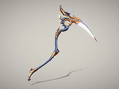 Fantasy Scythe Weapon with Blue Curved Handle and Gold Ornate Sharp Blade Design 3d model