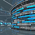 Futuristic Digital Tech Space With Blue Light Pillars Black Reflective Surfaces And Circular Patterns 3d model