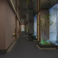 Modern Restaurant Interior With Waterfall Wall Green Plants Stones And Glass Partition