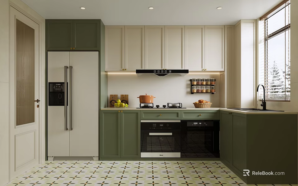 Modern Kitchen Interior With Green White Cabinets Stove Refrigerator And Patterned Tiles 3d model 