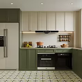 Modern Kitchen Interior With Green White Cabinets Stove Refrigerator And Patterned Tiles 3d model