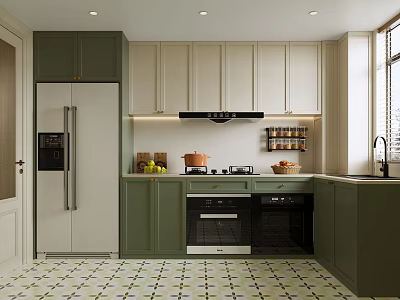 Modern Kitchen Interior With Green White Cabinets Stove Refrigerator And Patterned Tiles 3d model