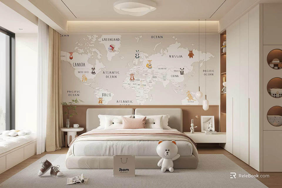 Kids Room Interior With World Map Wall Decal Plush Toy And Storage Cabinets 3d model 