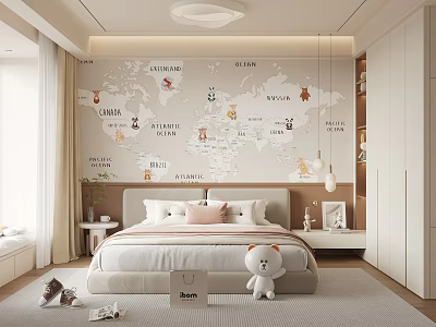 Kids Room Interior With World Map Wall Decal Plush Toy And Storage Cabinets 3d model