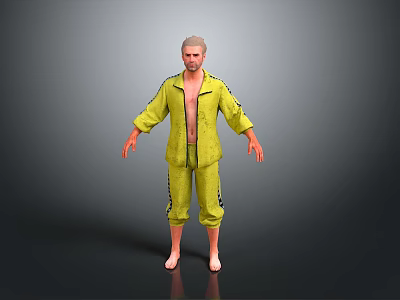 Man In Yellow Open Front Tracksuit With Striped Pants Barefoot On Grey Background 3d model