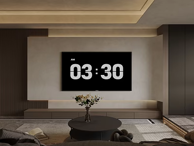 Modern Living Room Interior With Large Screen TV Wall Round Coffee Table And Flower Vase 3d model