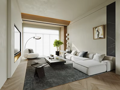 Modern Living Room With White Sofa Gray Rug Coffee Table And Floor To Ceiling Window 3d model