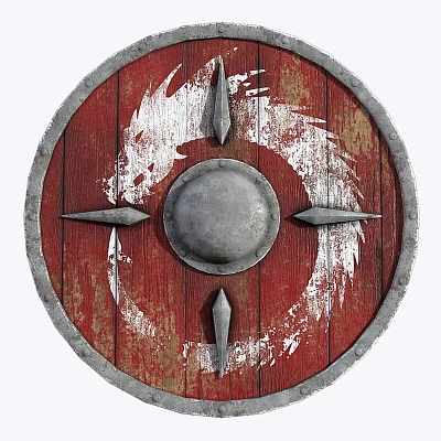 Medieval Red Wooden Shield With Metal Dome Spikes And Vintage Scratched Design 3d model