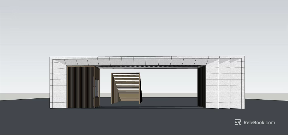 Modern Entrance Gate Design With Wooden Frame And Glass Panel Details 3d model 