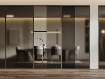 Modern Glass Sliding Doors For Contemporary Interior With Wooden Flooring And Reflective Panels 3d model