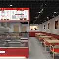 Red And White Restaurant Interior With Food Displays Tables Chairs And Kitchen Area