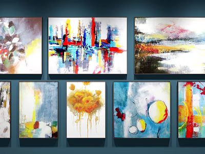 Six Abstract Paintings Hanging on Dark Blue Wall With Diverse Styles Vibrant Colors and Artistic Brushstrokes 3d model